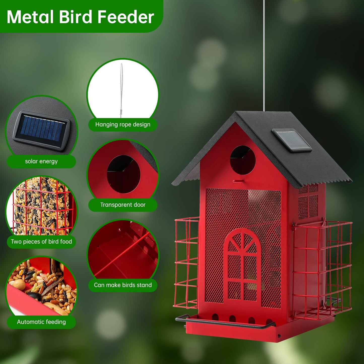 Solar Metal Bird Feeder - (Red)